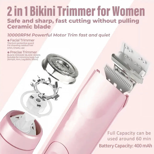 2-in-1 Waterproof Women’s Shaver – Compact Body Hair Trimmer for Legs, Underarms, Face & Bikini Area, Travel-Friendly Design