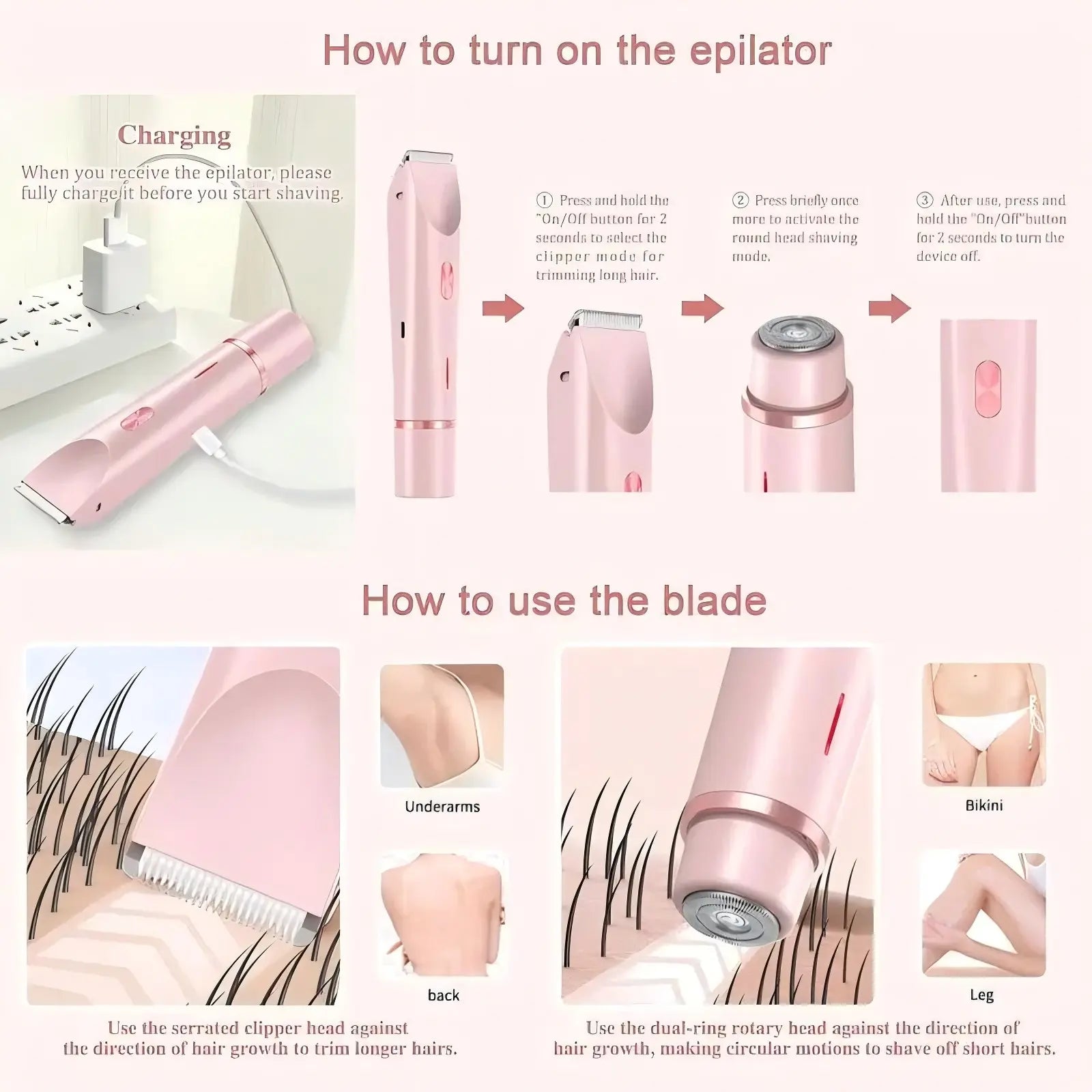 2-in-1 Waterproof Women’s Shaver – Compact Body Hair Trimmer for Legs, Underarms, Face & Bikini Area, Travel-Friendly Design