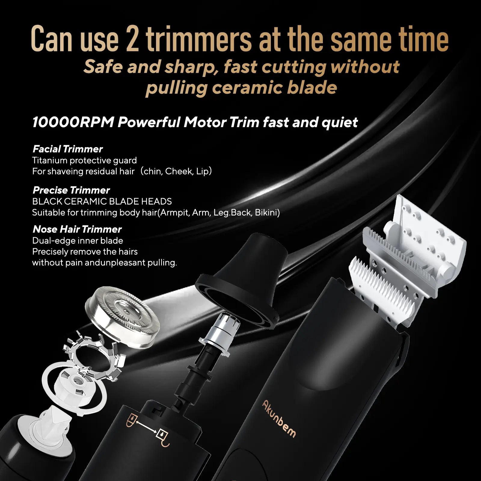 Akunbem Dual-Head Waterproof Trimmer – Ceramic Blade Body & Nose Groomer for Men and Women, Portable Grooming Essential