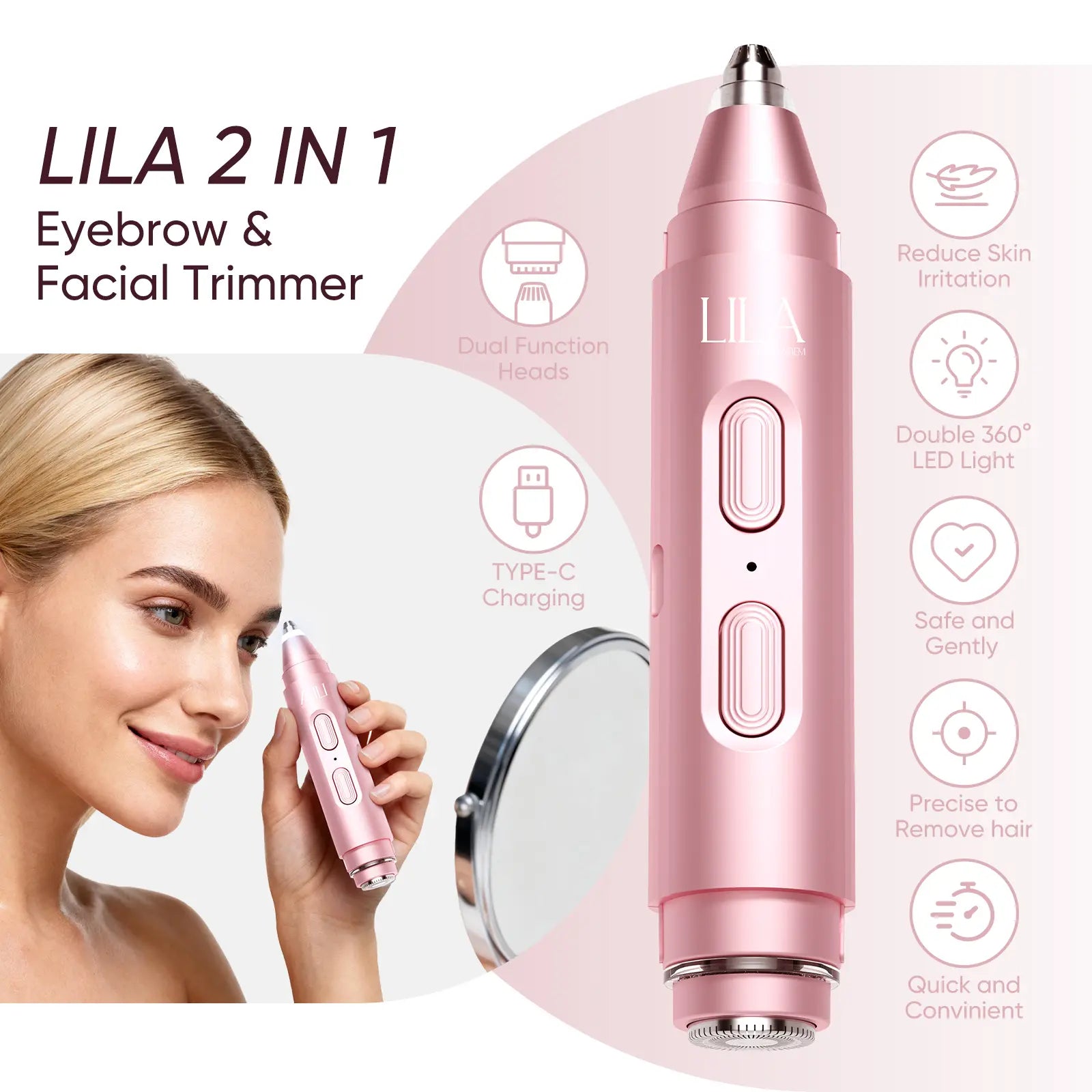 Electric Eyebrow Trimmer – 2-in-1 Facial Hair Remover for Brows, Upper Lip and Face, Compact Women’s Shaver